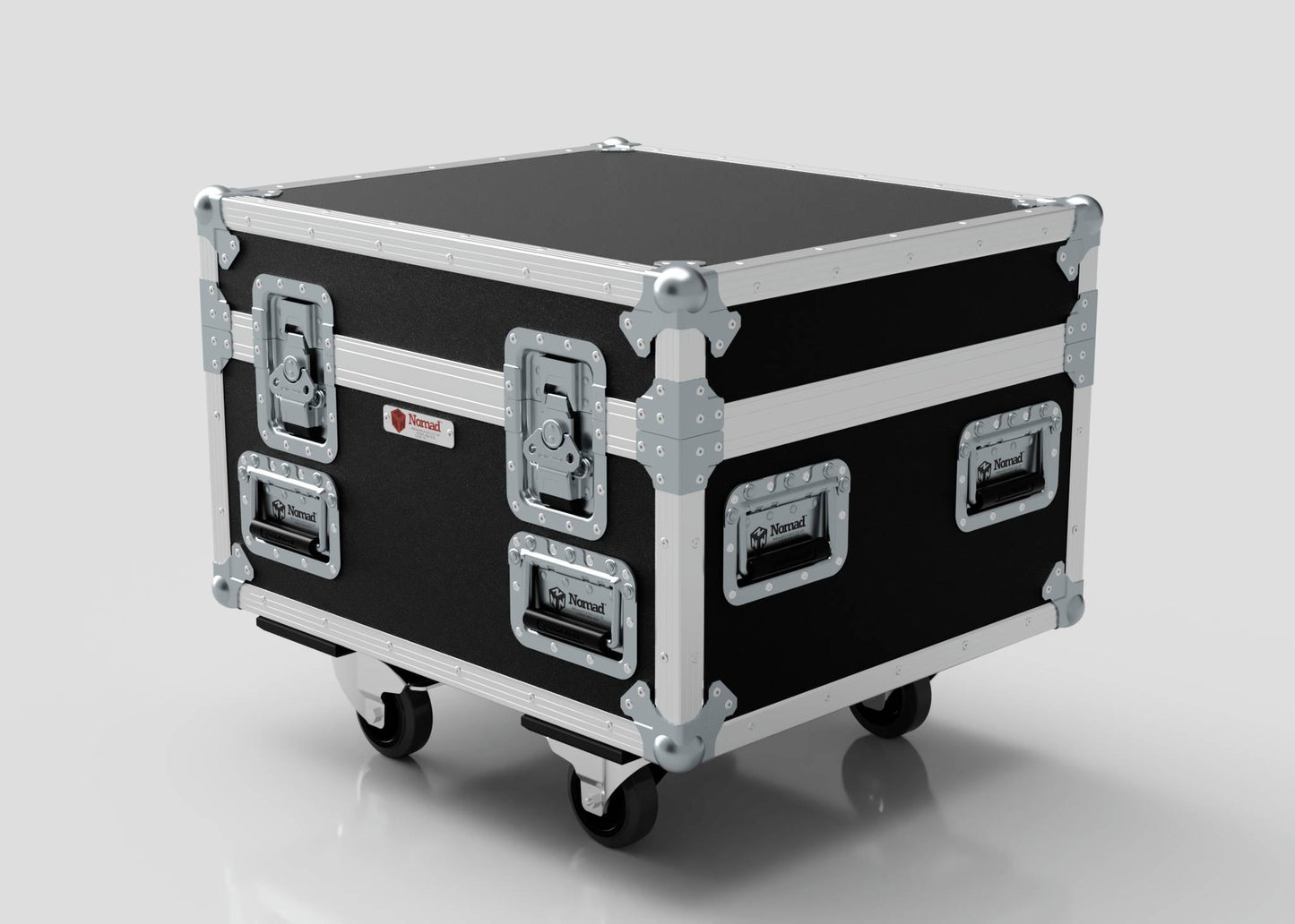 A Single 1 Ton EXE Motor Chain Hoist Case in black and silver with metal-reinforced corners, four latches, and four wheels; external dimensions are 696 x 607 x 580 mm, shown on a plain light background.