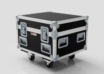 A Single 1 Ton EXE Motor Chain Hoist Case in black and silver with metal-reinforced corners, four latches, and four wheels; external dimensions are 696 x 607 x 580 mm, shown on a plain light background.