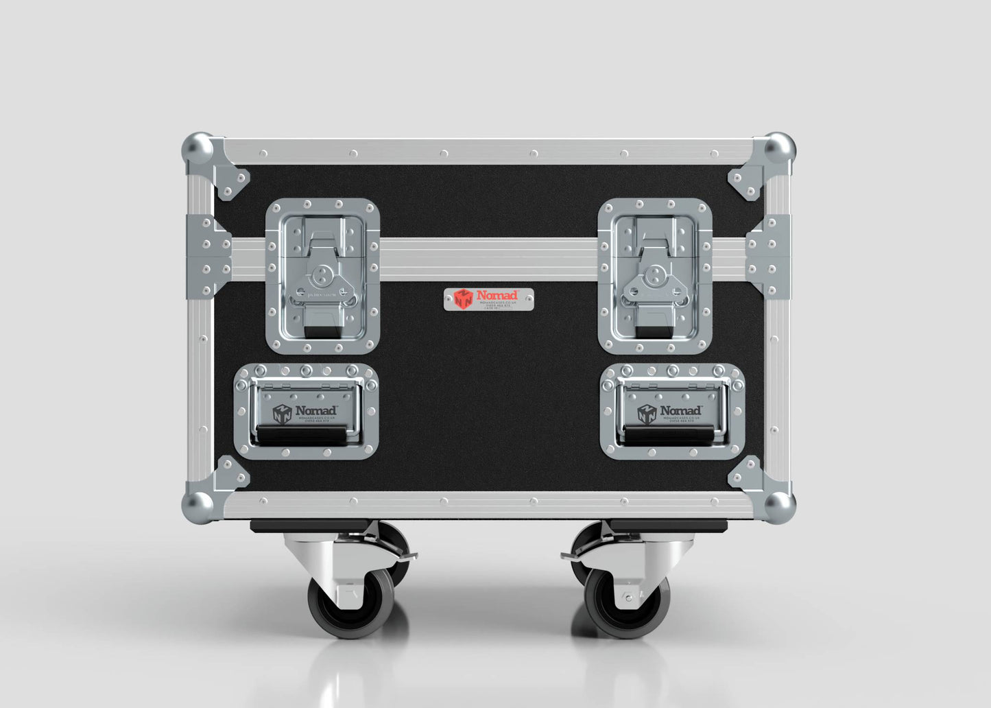 The Single 1 Ton EXE Motor Chain Hoist Case, in black and silver with metal reinforcements, two handles, and two latches, features the Nomad logo and measures 696 x 607 x 580 mm, standing against a plain background.