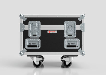 The Single 1 Ton EXE Motor Chain Hoist Case, in black and silver with metal reinforcements, two handles, and two latches, features the Nomad logo and measures 696 x 607 x 580 mm, standing against a plain background.