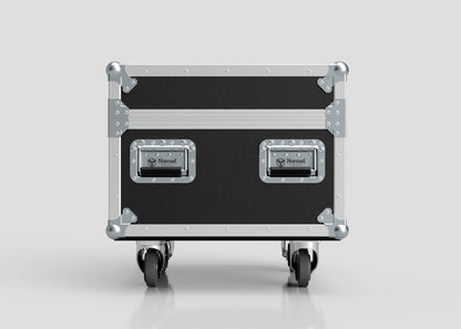 The Single 1 Ton EXE Motor Chain Hoist Case is a black and silver hard case with metal edges, two Nomad handles, and four caster wheels. Shown on a plain gray background. External dimensions: 696 x 607 x 580 mm.