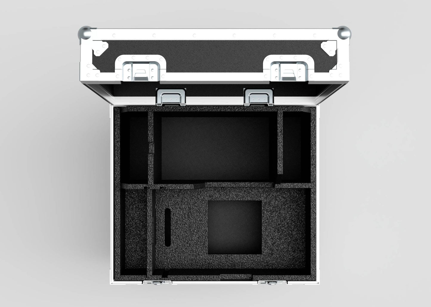 Top view of an open, empty Single 1 Ton EXE Motor Chain Hoist Case with custom foam inserts and compartments; external dimensions: 696 x 607 x 580 mm.