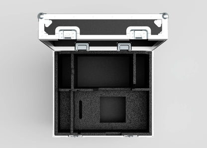 Top view of an open, empty Single 1 Ton EXE Motor Chain Hoist Case with custom foam inserts and compartments; external dimensions: 696 x 607 x 580 mm.