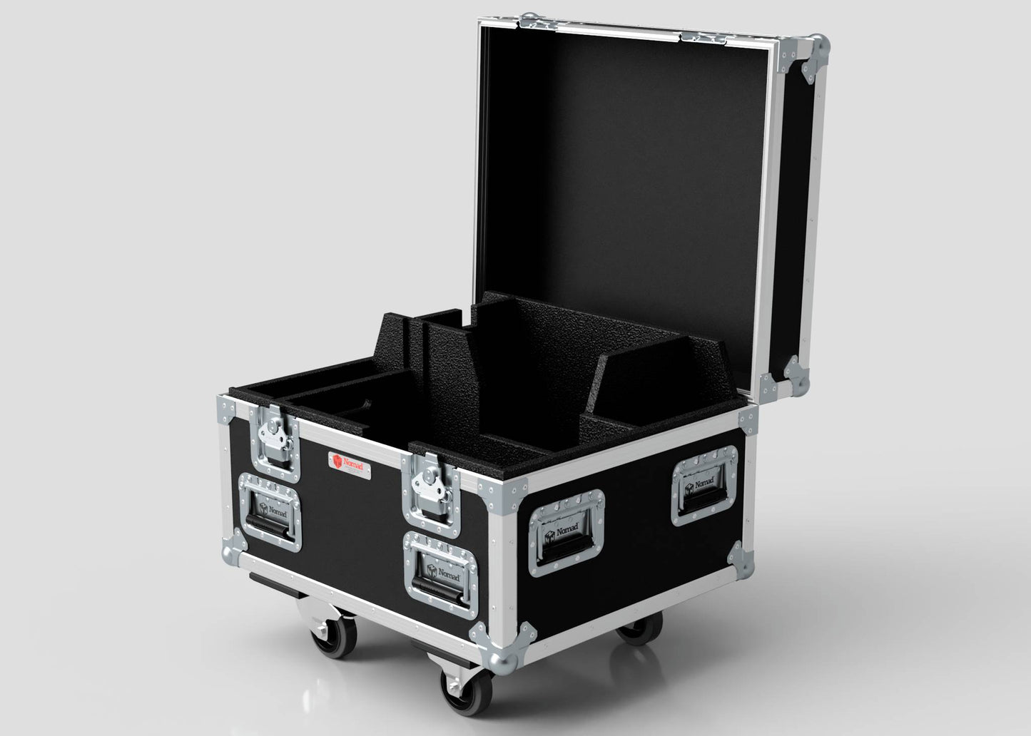 The Single 1 Ton EXE Motor Chain Hoist Case is a black, foam-lined equipment case with metal edges and hardware, open on four caster wheels against a plain background, with external dimensions of 696 x 607 x 580 mm.