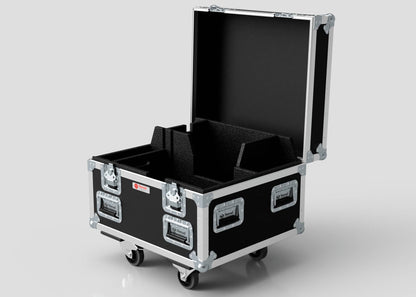 The Single 1 Ton EXE Motor Chain Hoist Case is a black, foam-lined equipment case with metal edges and hardware, open on four caster wheels against a plain background, with external dimensions of 696 x 607 x 580 mm.