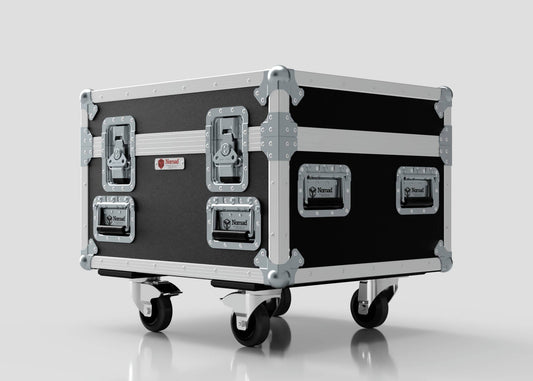The Single 1 Ton EXE Motor Chain Hoist Case is a black and silver rolling flight case with four metal latches, reinforced corners, and caster wheels. Its external dimensions are 696 x 607 x 580 mm.