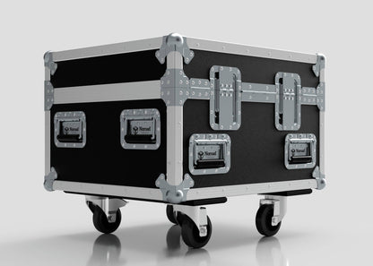 The Single Chainmaster 1 Ton Chain Hoist Case is a black and silver hard case with metal reinforcements, side handles, four caster wheels, and external dimensions of 684 x 597 x 575 mm, designed for transporting equipment.