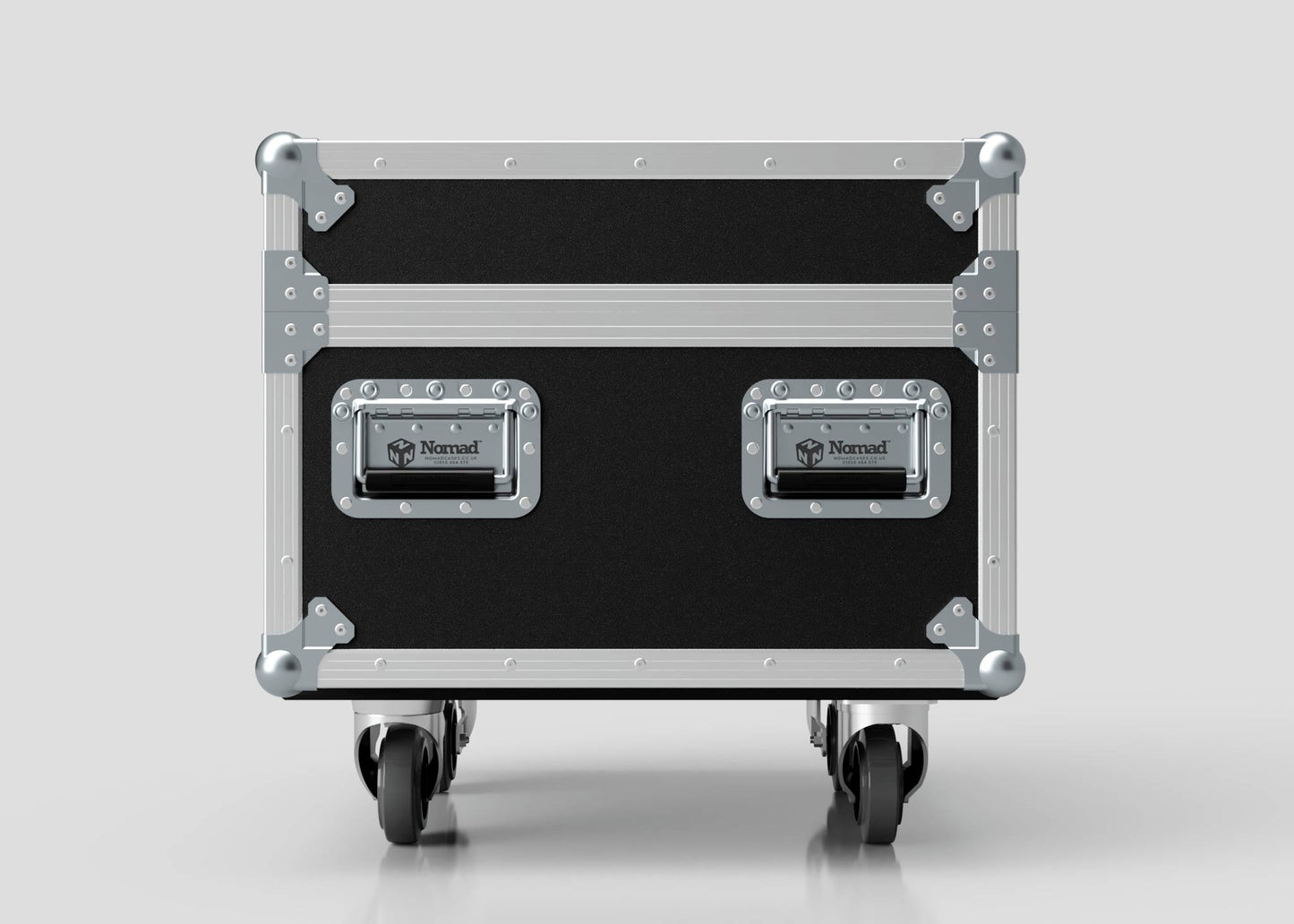 The Single Chainmaster 1 Ton Chain Hoist Case is a black and silver rolling case with metal reinforcements, two Nomad handles, and four caster wheels. It measures 684 x 597 x 575 mm and is shown against a plain light background.