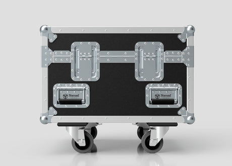 The Single Chainmaster 1 Ton Chain Hoist Case, in black and silver with metal reinforcements, two latches, and four caster wheels, is shown against a plain light background. External dimensions: 684 x 597 x 575 mm.
