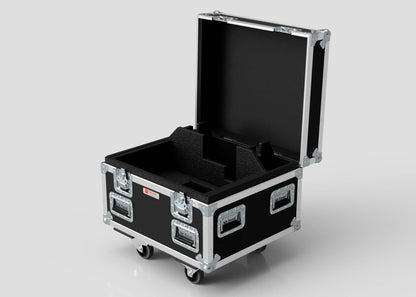 The Single Chainmaster 1 Ton Chain Hoist Case is shown with a black hard exterior, metal reinforcements, foam interior, and open lid on wheels against a plain background. Its external dimensions are 684 x 597 x 575 mm.