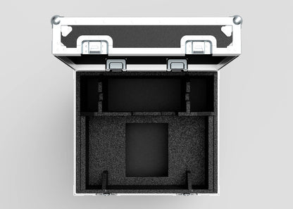 Top-down view of an open, empty Single Chainmaster 1 Ton Chain Hoist Case in black, featuring foam padding and multiple compartment slots; external dimensions: 684 x 597 x 575 mm.