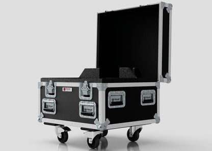 The Single Chainmaster 1 Ton Chain Hoist Case, black with metal edges, latches, and protective foam interior, is open on four caster wheels against a plain background. External dimensions: 684 x 597 x 575 mm.