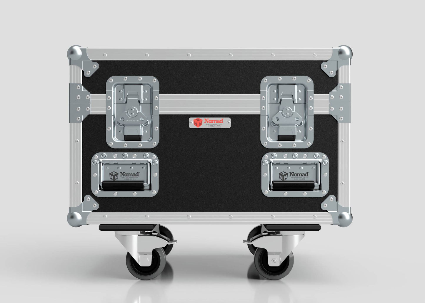 The Single Chainmaster 1 Ton Chain Hoist Case is a black and silver rolling equipment case with metal corners, handles, latches, and Nomad branding on light gray. External dimensions: 684 x 597 x 575 mm.