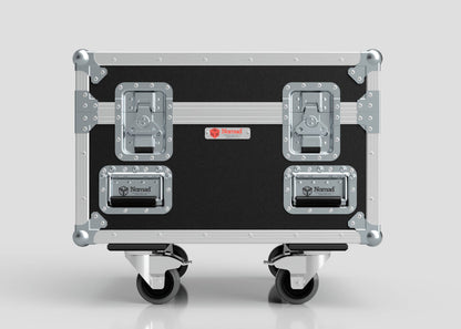The Single Chainmaster 1 Ton Chain Hoist Case is a black and silver rolling equipment case with metal corners, handles, latches, and Nomad branding on light gray. External dimensions: 684 x 597 x 575 mm.