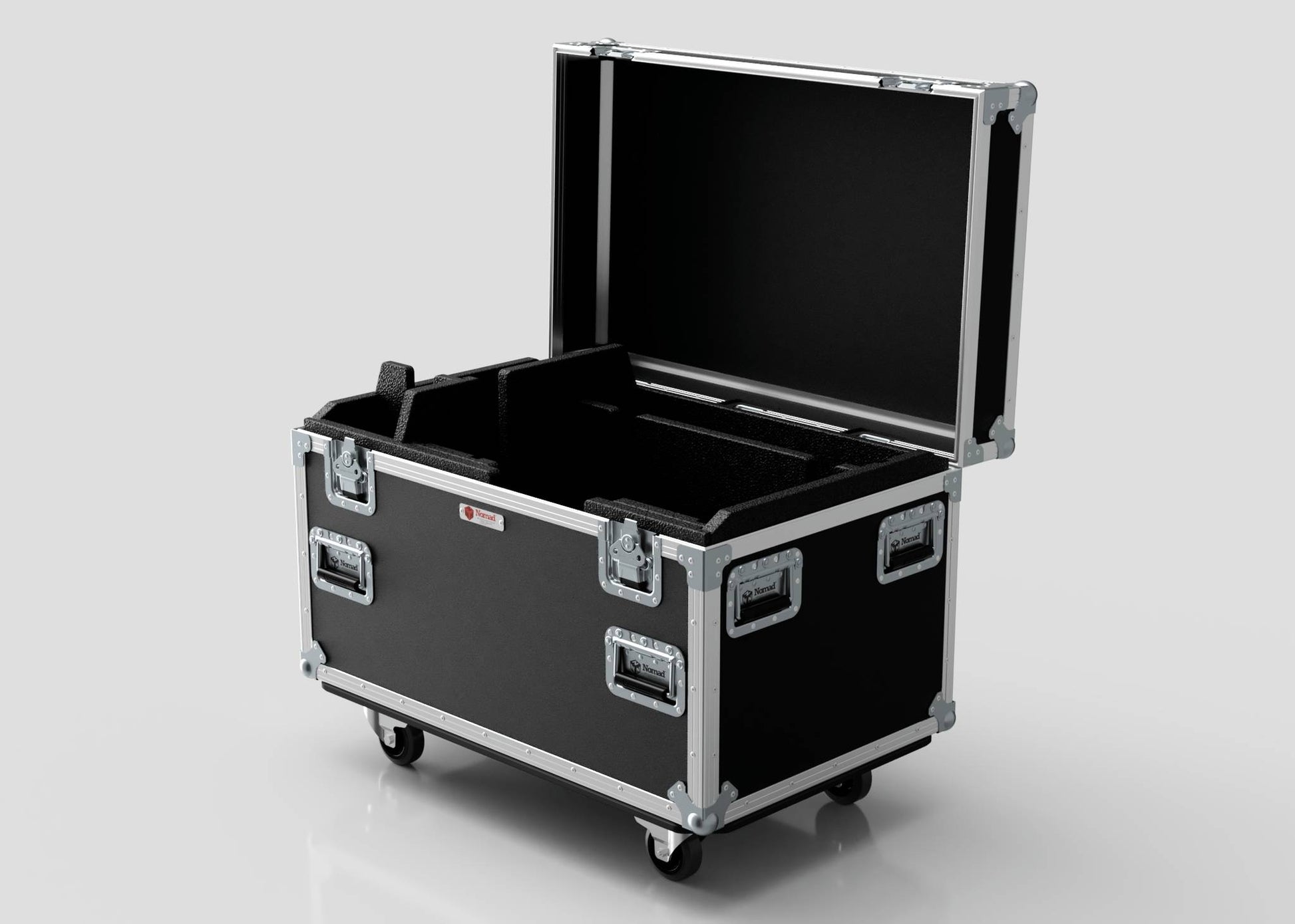 The Single Kinesys Apex 1250 Chain Hoist Case is a black, hard-shell equipment case with metal edges and handles, standing open on four wheels against a plain background. Its external dimensions are 950 x 598 x 727 mm.