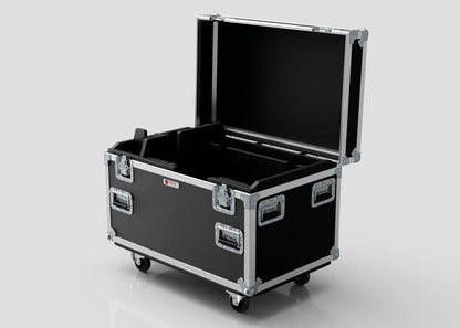 The Single Kinesys Apex 1250 Chain Hoist Case is a black, hard-shell equipment case with metal edges and handles, standing open on four wheels against a plain background. Its external dimensions are 950 x 598 x 727 mm.