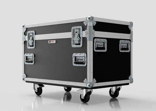 The Single Kinesys Apex 1250 Chain Hoist Case is a large black equipment case with metal edges, corners, four latches, and wheels, measuring 950 x 598 x 727 mm, shown against a plain white background.