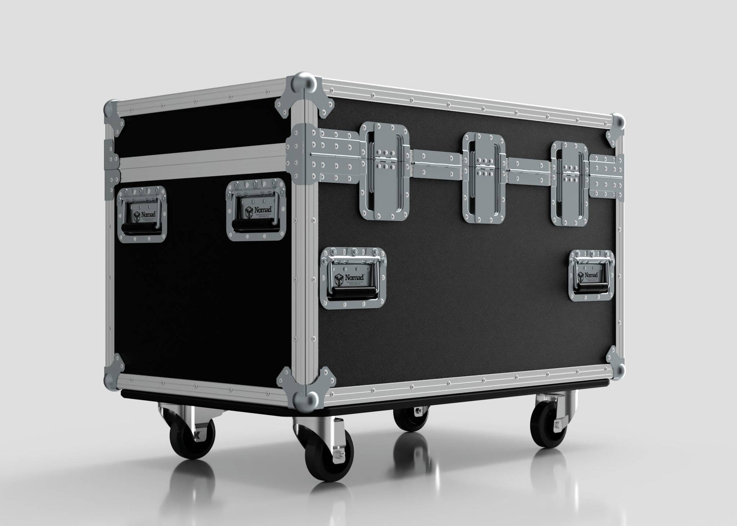 The Single Kinesys Apex 1250 Chain Hoist Case, a large black case with metal reinforcements, handles, and four wheels, is shown against a plain light background. Its external dimensions are 950 x 598 x 727 mm for secure, easy transport.