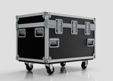 The Single Kinesys Apex 1250 Chain Hoist Case, a large black case with metal reinforcements, handles, and four wheels, is shown against a plain light background. Its external dimensions are 950 x 598 x 727 mm for secure, easy transport.