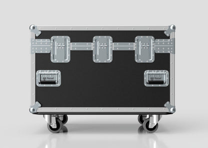 The Single Kinesys Apex 1250 Chain Hoist Case is a black and silver hard case with metal reinforcements, three latches, four caster wheels, and external dimensions of 950 x 598 x 727 mm.