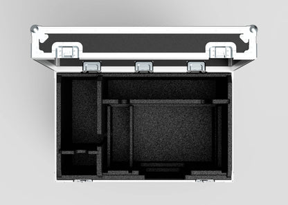 Top view of an open, empty Single Kinesys Apex 1250 Chain Hoist Case with custom foam inserts and multiple compartments; external dimensions: 950 x 598 x 727 mm.