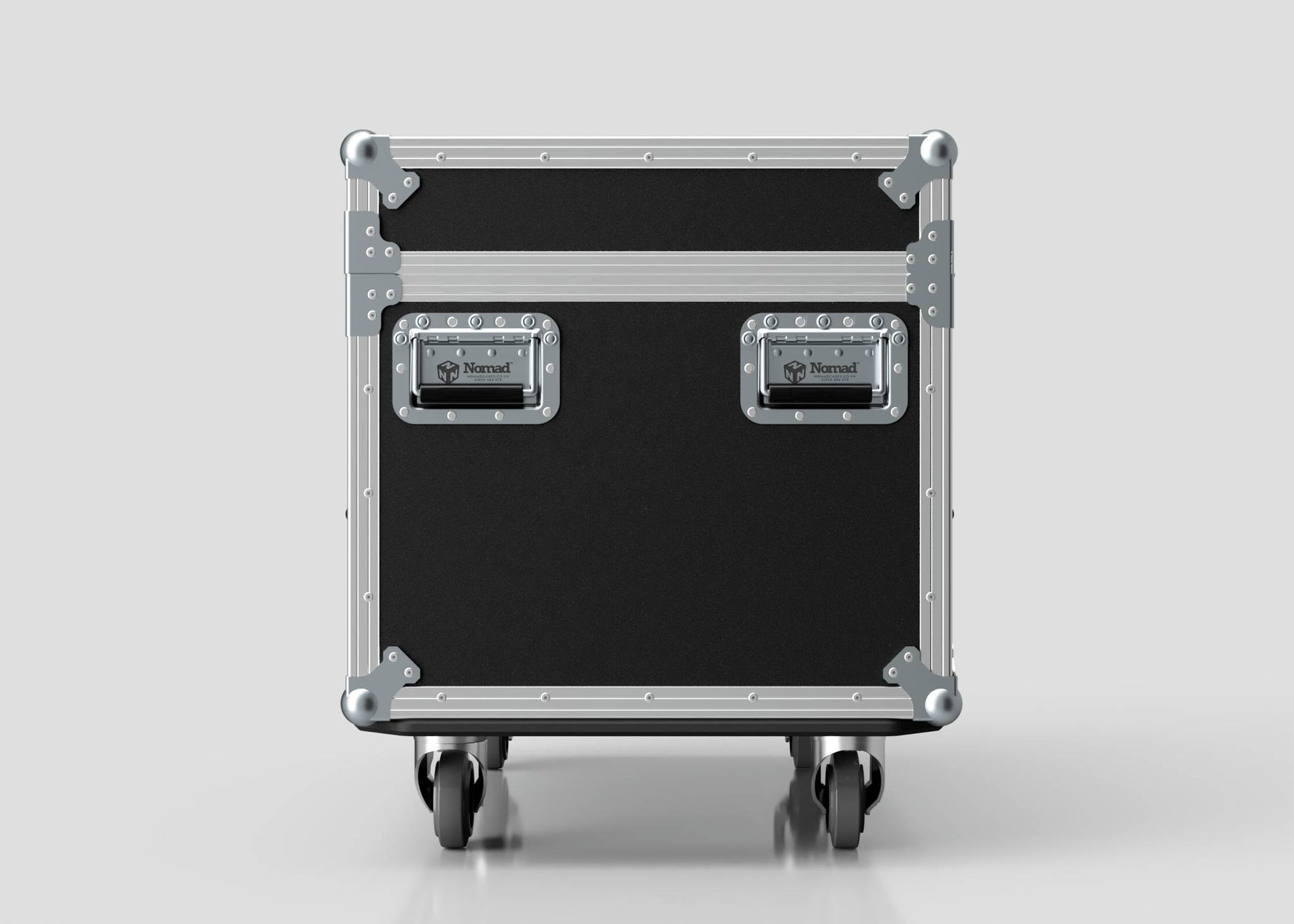 The Single Kinesys Apex 1250 Chain Hoist Case is a black and silver metal equipment case with reinforced corners, two handles, and four caster wheels, measuring 950 x 598 x 727 mm, shown against a plain background.