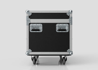 The Single Kinesys Apex 1250 Chain Hoist Case is a black and silver metal equipment case with reinforced corners, two handles, and four caster wheels, measuring 950 x 598 x 727 mm, shown against a plain background.
