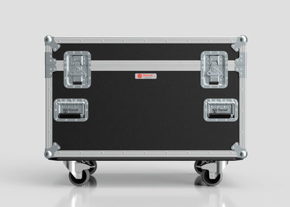 The Single Kinesys Apex 1250 Chain Hoist Case is a black and silver hard case with metal reinforcements, four latches, wheels, and external dimensions of 950 x 598 x 727 mm, shown against a plain gray background.