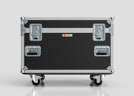 The Single Kinesys Apex 1250 Chain Hoist Case is a black and silver hard case with metal reinforcements, four latches, wheels, and external dimensions of 950 x 598 x 727 mm, shown against a plain gray background.