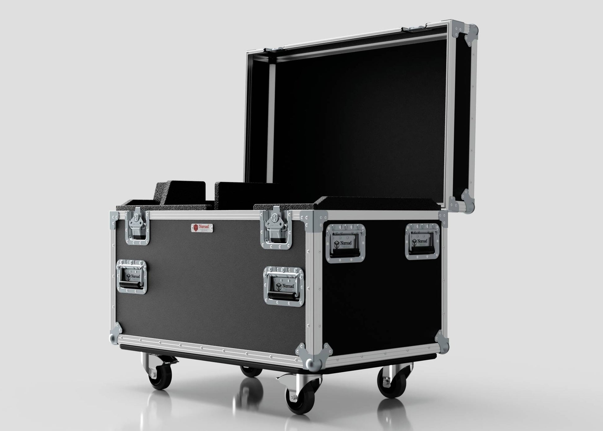 The Single Kinesys Apex 1250 Chain Hoist Case is a black flight case with metal edges, four wheels, multiple handles and latches, shown open to reveal a foam-padded interior. External dimensions: 950 x 598 x 727 mm.