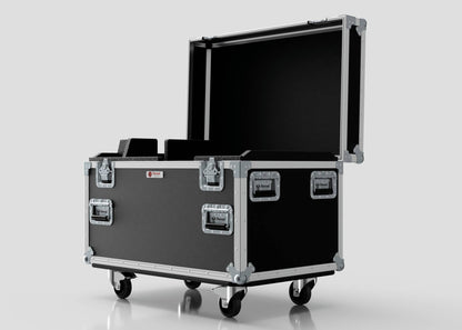 The Single Kinesys Apex 1250 Chain Hoist Case is a black flight case with metal edges, four wheels, multiple handles and latches, shown open to reveal a foam-padded interior. External dimensions: 950 x 598 x 727 mm.