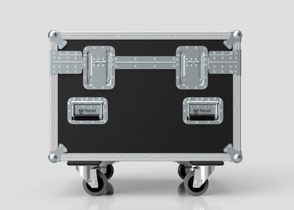 The Single Kinesys Apex 500 Chain Hoist Case is a black and silver metal flight case with reinforced corners and handles, set on four caster wheels, measuring 775 x 598 x 667 mm against a plain background.