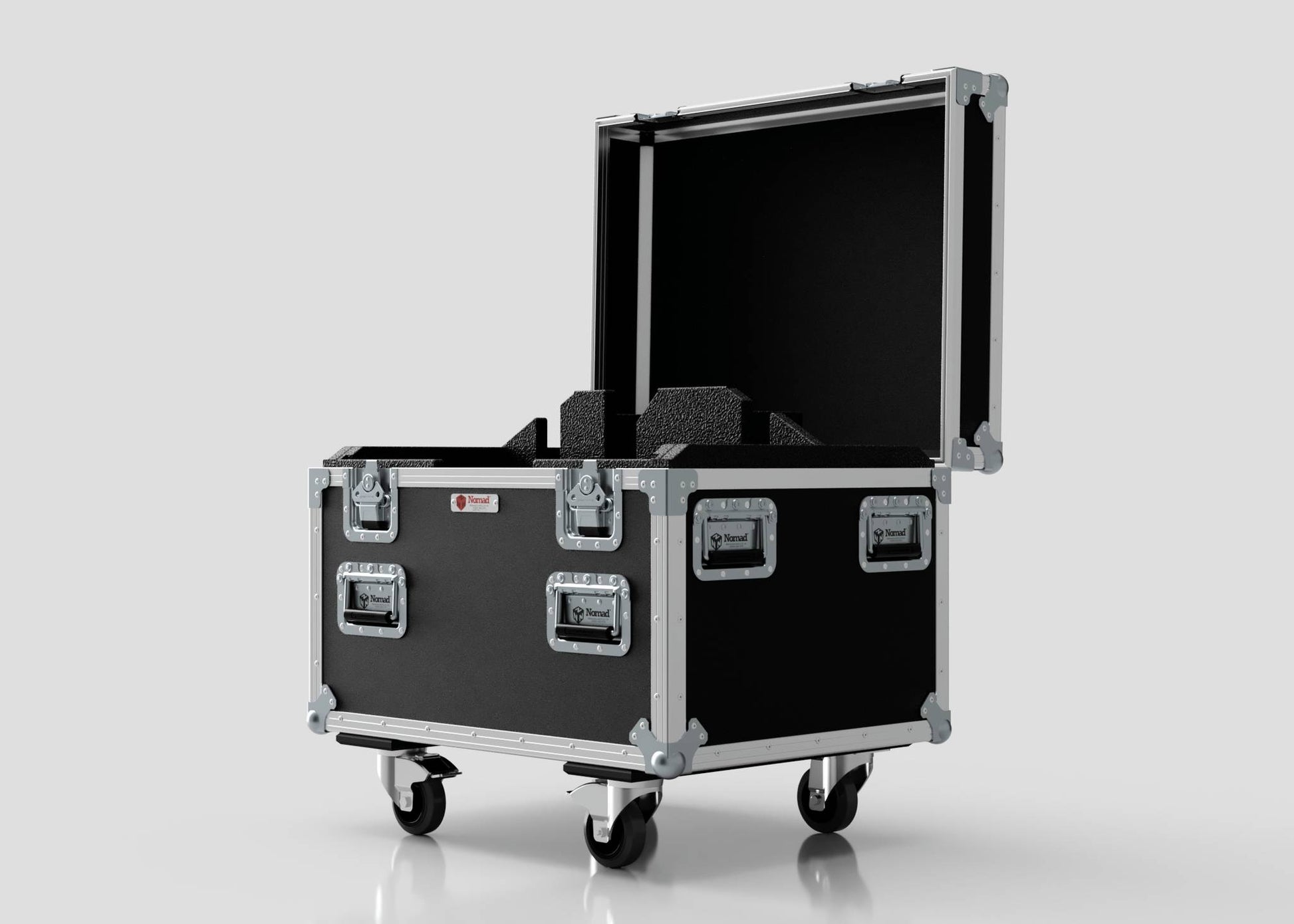The Single Kinesys Apex 500 Chain Hoist Case is a black hard-shell equipment case with metal edges and latches, open to reveal foam padding inside. It rests on four caster wheels, measuring 775 x 598 x 667 mm against a plain background.