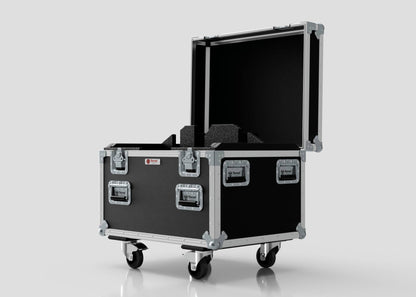 The Single Kinesys Apex 500 Chain Hoist Case is a black hard-shell equipment case with metal edges and latches, open to reveal foam padding inside. It rests on four caster wheels, measuring 775 x 598 x 667 mm against a plain background.