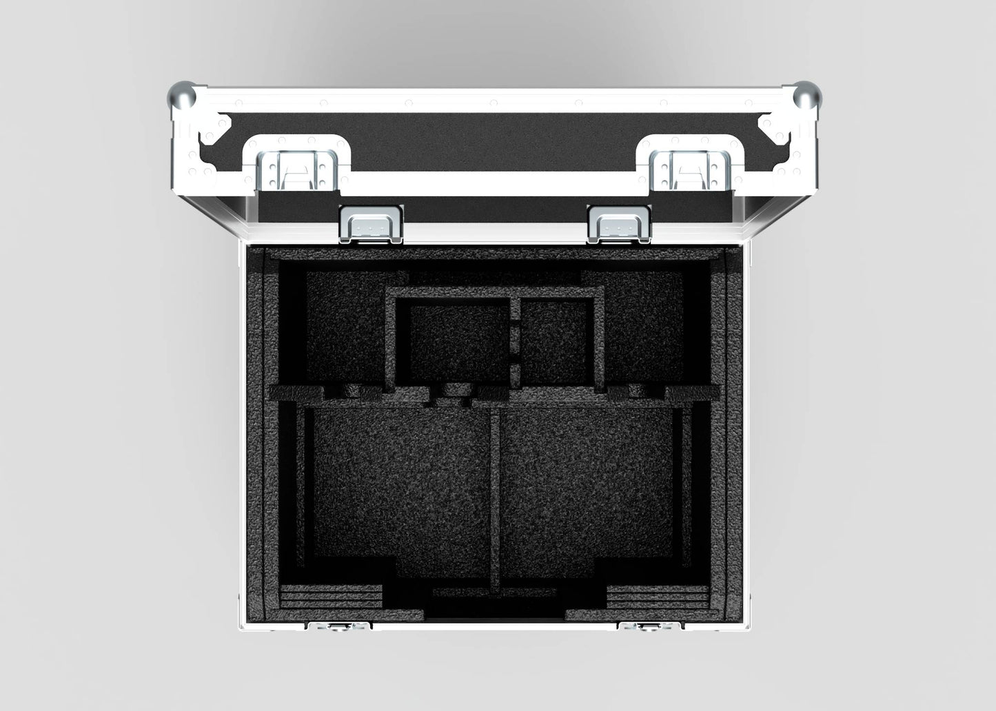 Top-down view of the Single Kinesys Apex 500 Chain Hoist Case, open and empty, with black foam padding, metal edges and latches, visible internal compartments, and external dimensions of 775 x 598 x 667 mm.