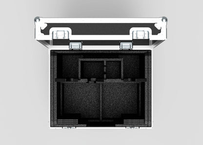 Top-down view of the Single Kinesys Apex 500 Chain Hoist Case, open and empty, with black foam padding, metal edges and latches, visible internal compartments, and external dimensions of 775 x 598 x 667 mm.