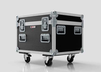 The Single Kinesys Apex 500 Chain Hoist Case is a black and silver flight case with metal reinforcements, latch closures, and four caster wheels, measuring 775 x 598 x 667 mm, shown on a plain light background.