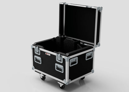 The Single Kinesys Apex 500 Chain Hoist Case, a black hard-sided rolling equipment case with metal edges, latches, and foam interior, is shown open against a plain light background. External dimensions: 775 x 598 x 667 mm.