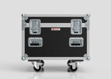 Single Kinesys Apex 500 Chain Hoist Case: black and silver hard-shell case with metal-reinforced corners, two latches, handles, four caster wheels; external dimensions 775 x 598 x 667 mm. Shown against a plain light background.
