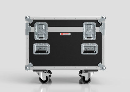 Single Kinesys Apex 500 Chain Hoist Case: black and silver hard-shell case with metal-reinforced corners, two latches, handles, four caster wheels; external dimensions 775 x 598 x 667 mm. Shown against a plain light background.