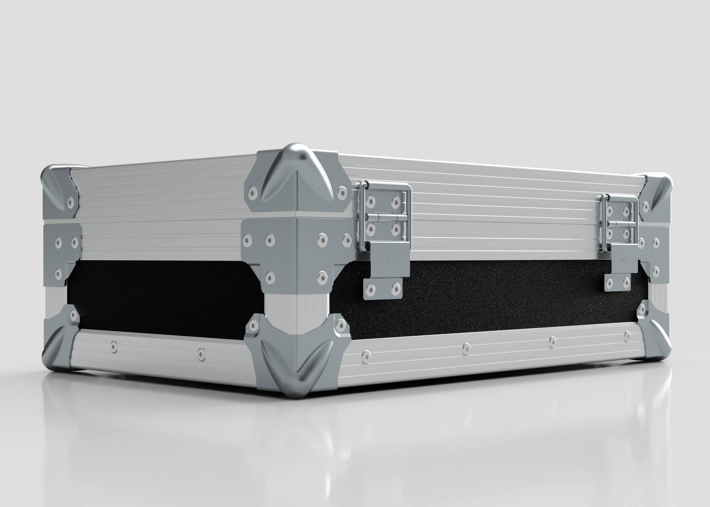 The Single Laptop Case With Storage Compartment, featuring a sturdy silver and black design with metal reinforcements and latches, sits closed on a reflective white surface; its external size is 429 x 289 x 162 mm.