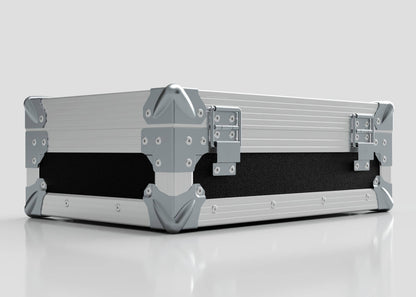 The Single Laptop Case With Storage Compartment, featuring a sturdy silver and black design with metal reinforcements and latches, sits closed on a reflective white surface; its external size is 429 x 289 x 162 mm.