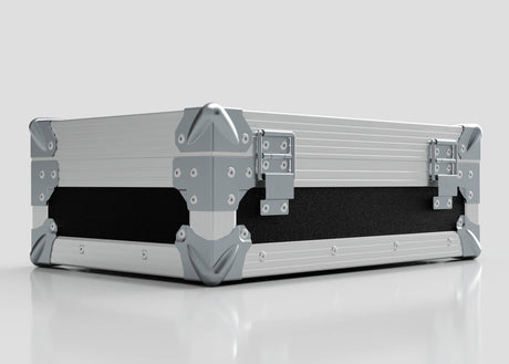 The Single Laptop Case With Storage Compartment, featuring a sturdy silver and black design with metal reinforcements and latches, sits closed on a reflective white surface; its external size is 429 x 289 x 162 mm.