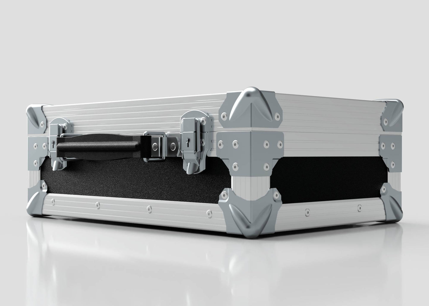 The Single Laptop Case With Storage Compartment, featuring a silver and black hard-shell design with metal-reinforced corners and latch, measures 429 x 289 x 162 mm and rests on a white surface.