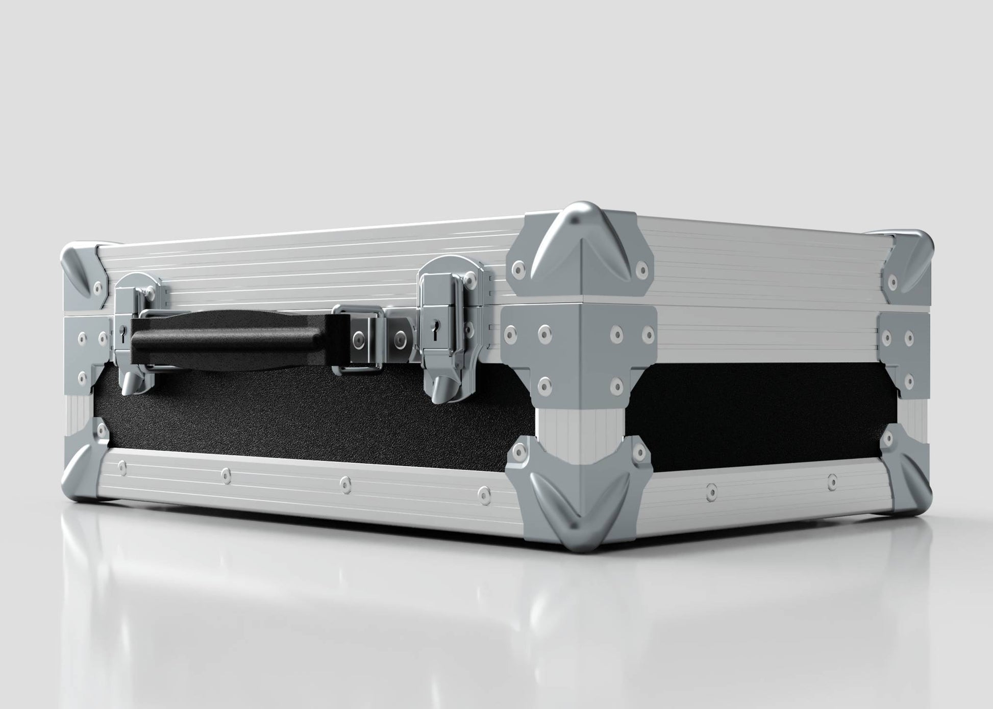 The Single Laptop Case With Storage Compartment, featuring a silver and black hard-shell design with metal-reinforced corners and latch, measures 429 x 289 x 162 mm and rests on a white surface.