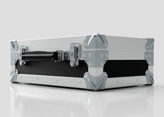 The Single Laptop Case With Storage Compartment, featuring a silver and black hard-shell design with metal-reinforced corners and latch, measures 429 x 289 x 162 mm and rests on a white surface.