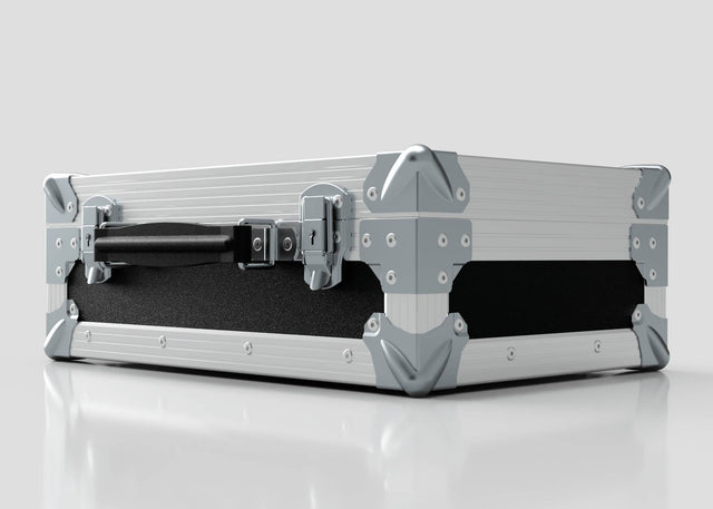 The Single Laptop Case With Storage Compartment, featuring a silver and black hard-shell design with metal-reinforced corners and latch, measures 429 x 289 x 162 mm and rests on a white surface.
