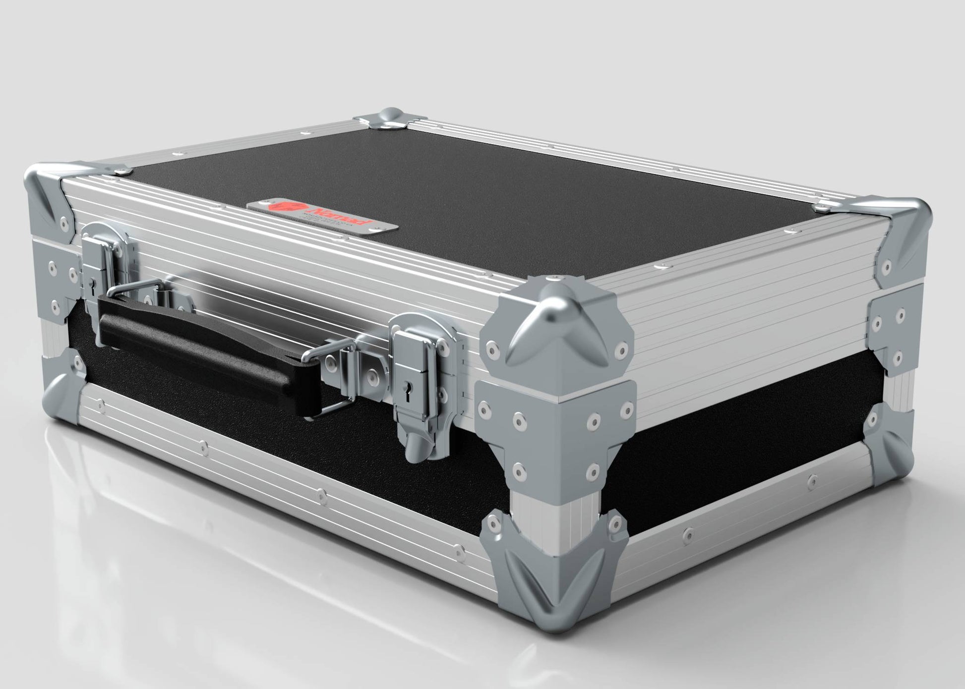 The Single Laptop Case With Storage Compartment is a sturdy silver and black metal briefcase with reinforced corners, handle, secure latches, and external dimensions of 429 x 289 x 162 mm, ideal for precise product sizing needs.