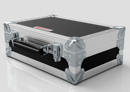 The Single Laptop Case With Storage Compartment is a sturdy silver and black metal briefcase with reinforced corners, handle, secure latches, and external dimensions of 429 x 289 x 162 mm, ideal for precise product sizing needs.