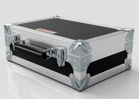 The Single Laptop Case With Storage Compartment is a sturdy silver and black metal briefcase with reinforced corners, handle, secure latches, and external dimensions of 429 x 289 x 162 mm, ideal for precise product sizing needs.